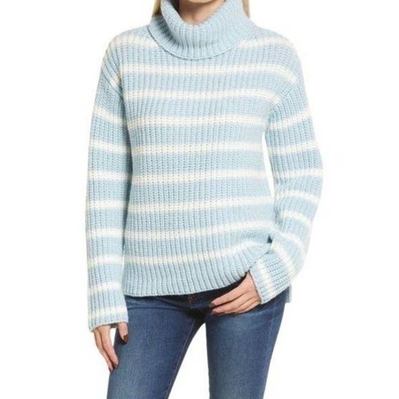 Caslon Striped Shaker Stitch Long Sleeve Turtleneck Pullover Sweater Blue Small