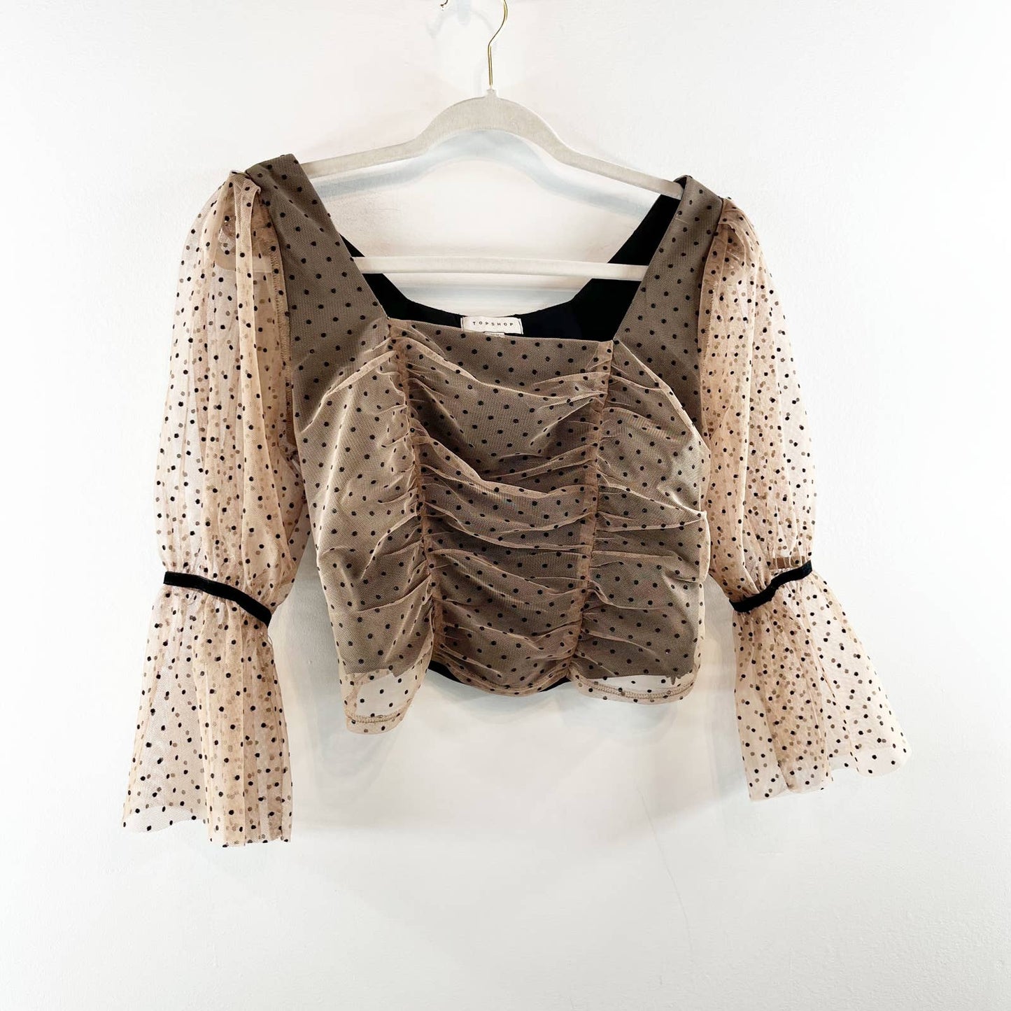 Topshop Polka Dot Puff Sheer Sleeve Square Neck Cropped Blouse Top in Beige 8