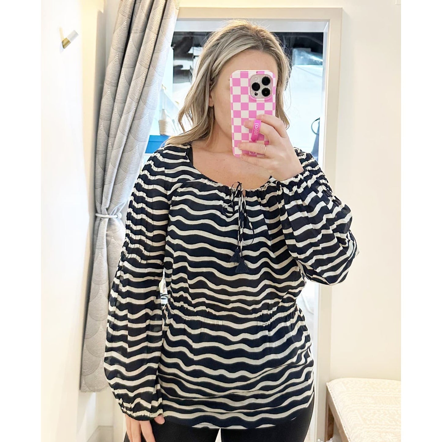 Tory Burch Cotton Striped Waves Long Sleeve Cotton Blouse Navy Blue 8
