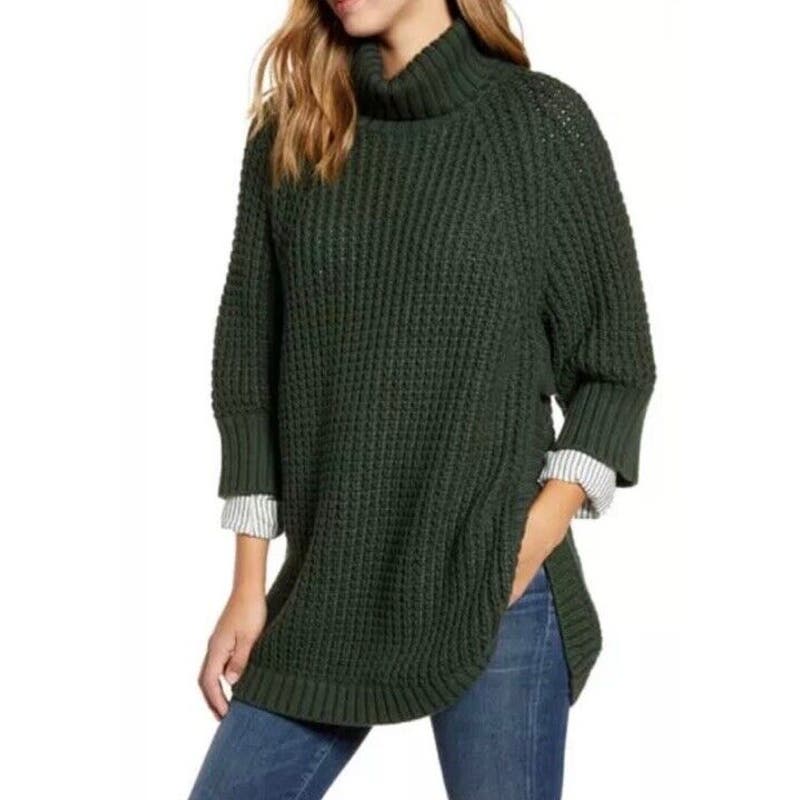 J. Crew Button Sleeve Turtleneck Poncho Sweater in Heather Forest Green Large