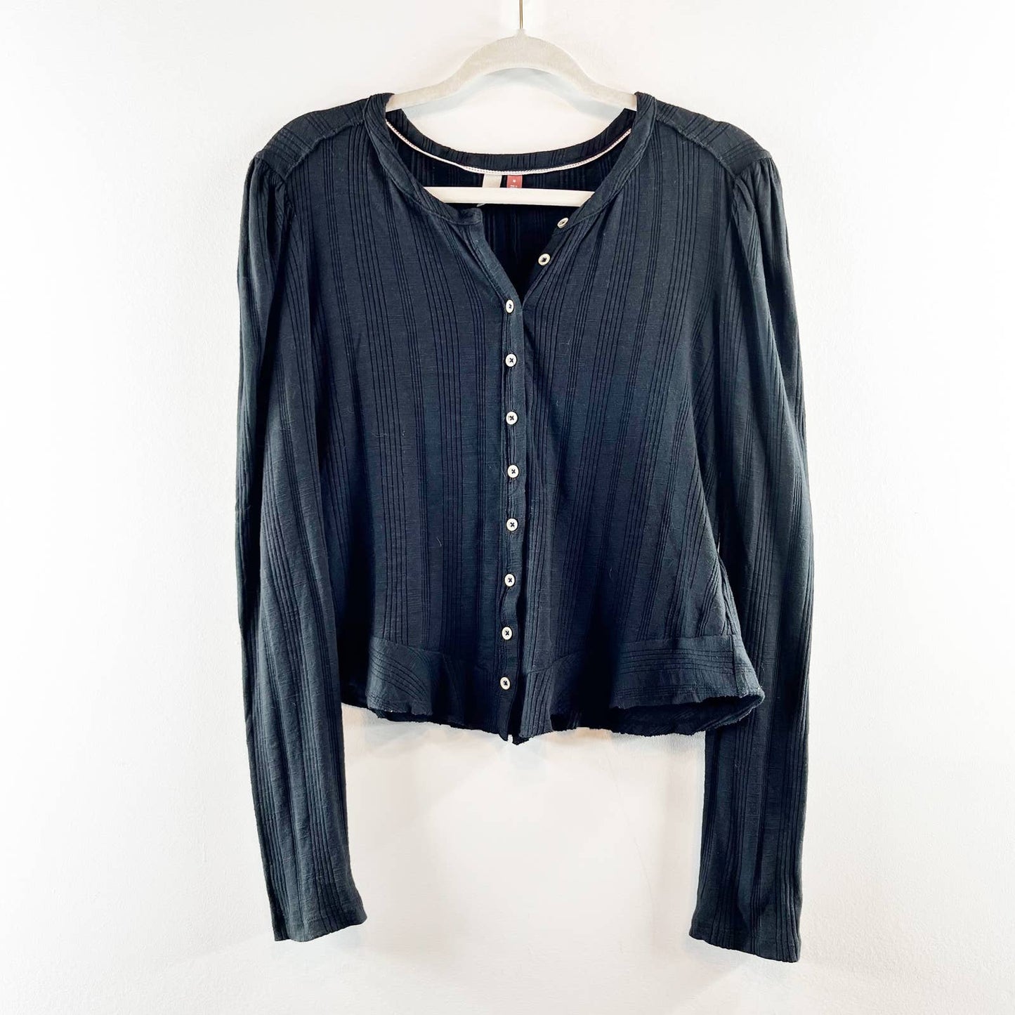 Pilcro Anthropologie Ribbed Puff-Long Sleeved Button Up Top Sweater Black Medium