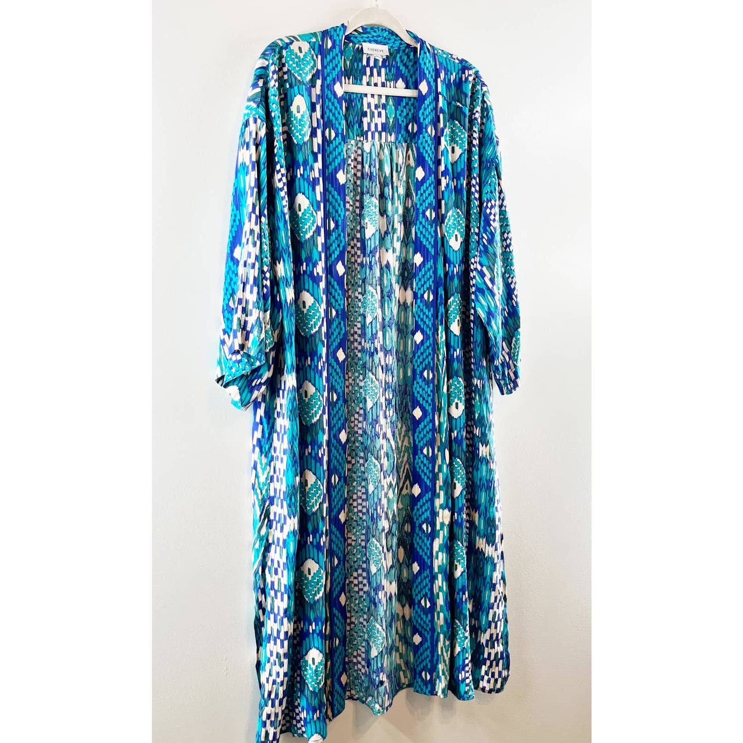 Evereve Long Sleeve Open Front Long Line Sienna Wrap Top in Turquoise Blue M / L