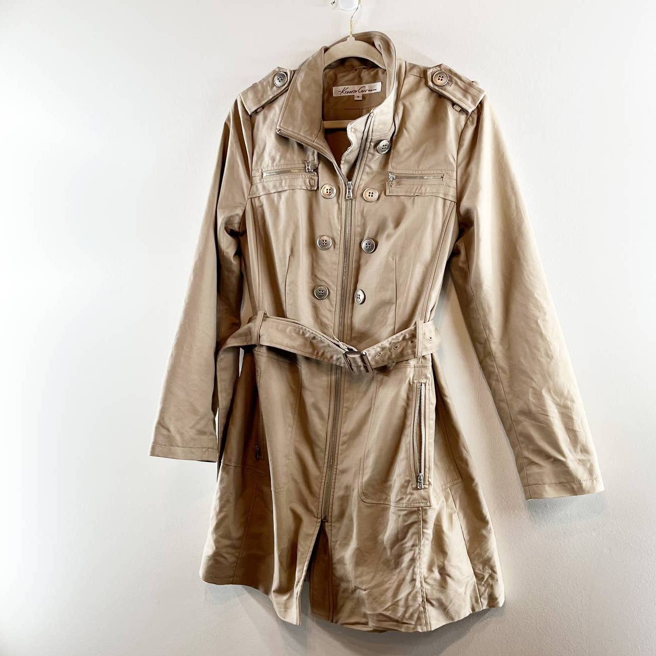 Kenneth Cole Long Sleeve Full Zip Belted Trench Coat Khaki Medium