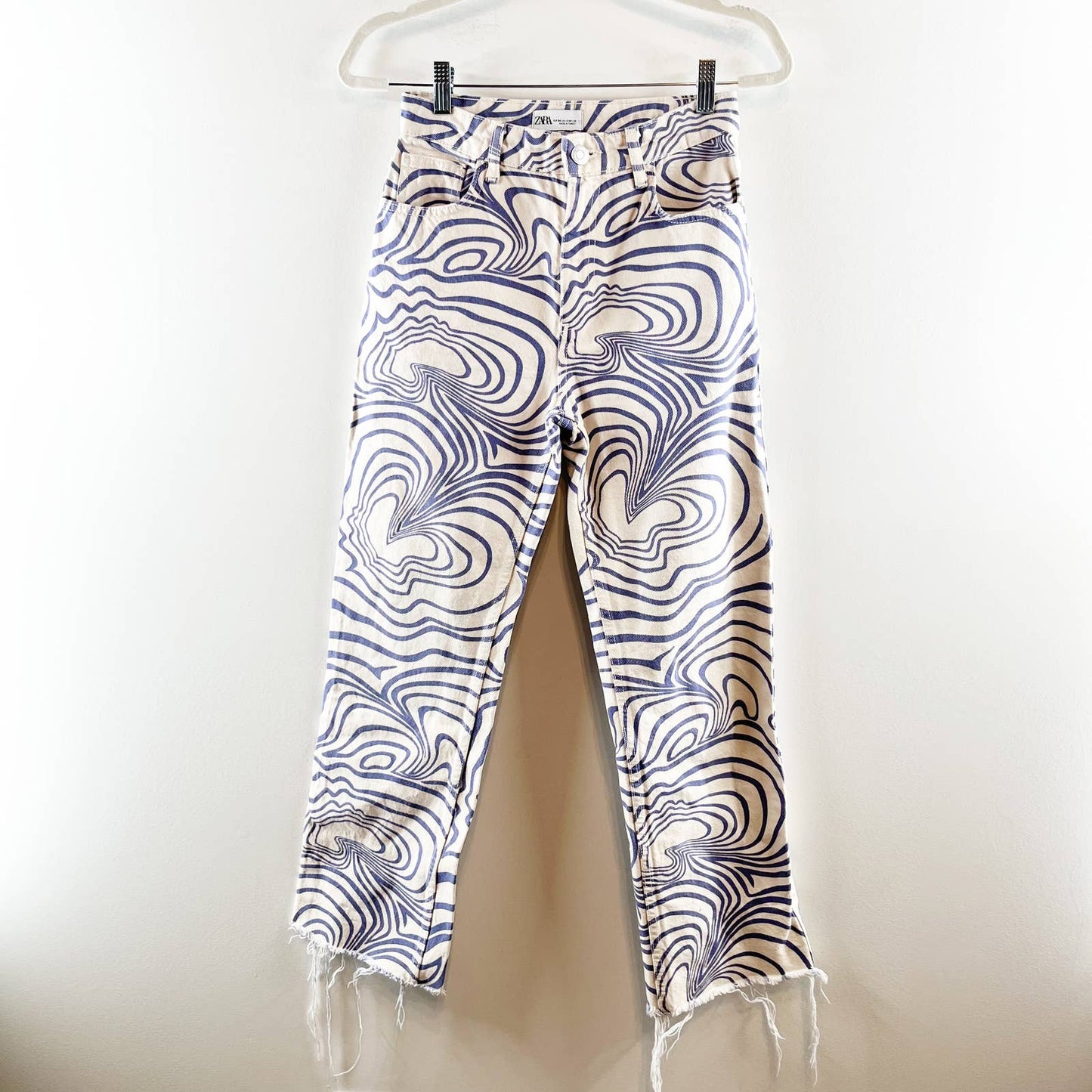 ZARA High Rise Cotton Straight Leg Swirl Print Groovy Jeans Blue White 2