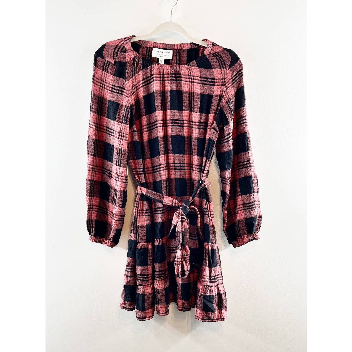Anthropologie Cloth & Stone Long Sleeve Plaid Belted Mini Dress Pink Black XS