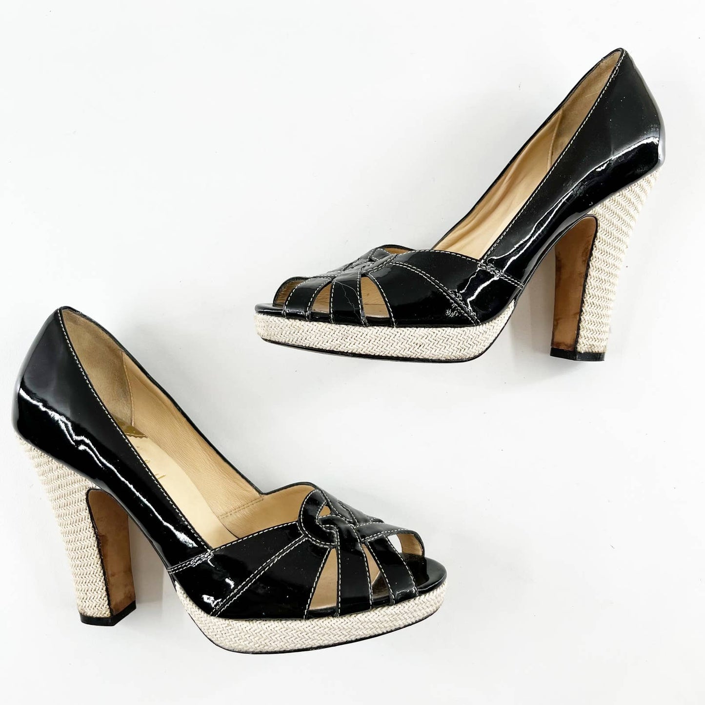 Cole Haan Patent Charlize Peep Toe Woven Heel Pumps Heels Black 8.5