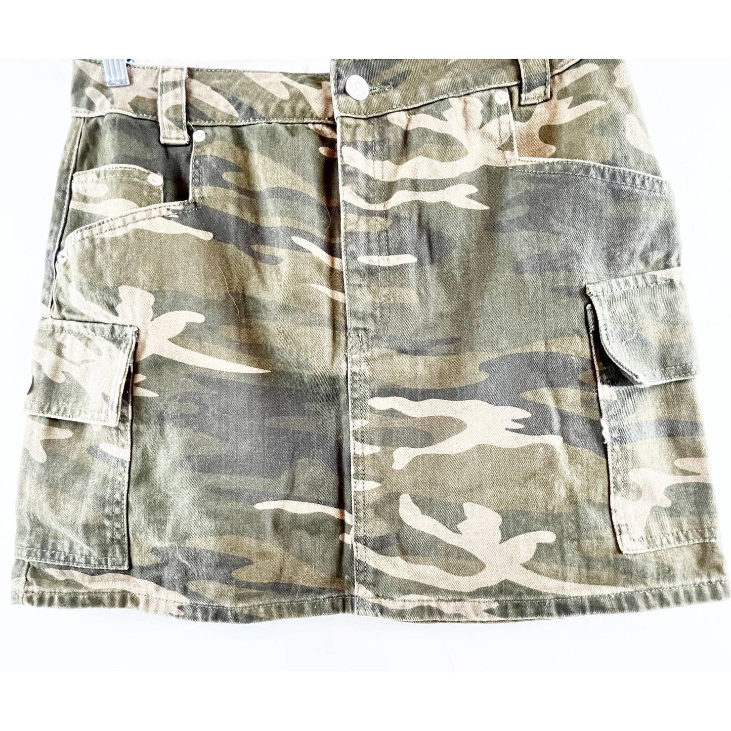 Topshop Camo Camouflage Military High Waisted Denim Mini Skirt Khaki Green 8