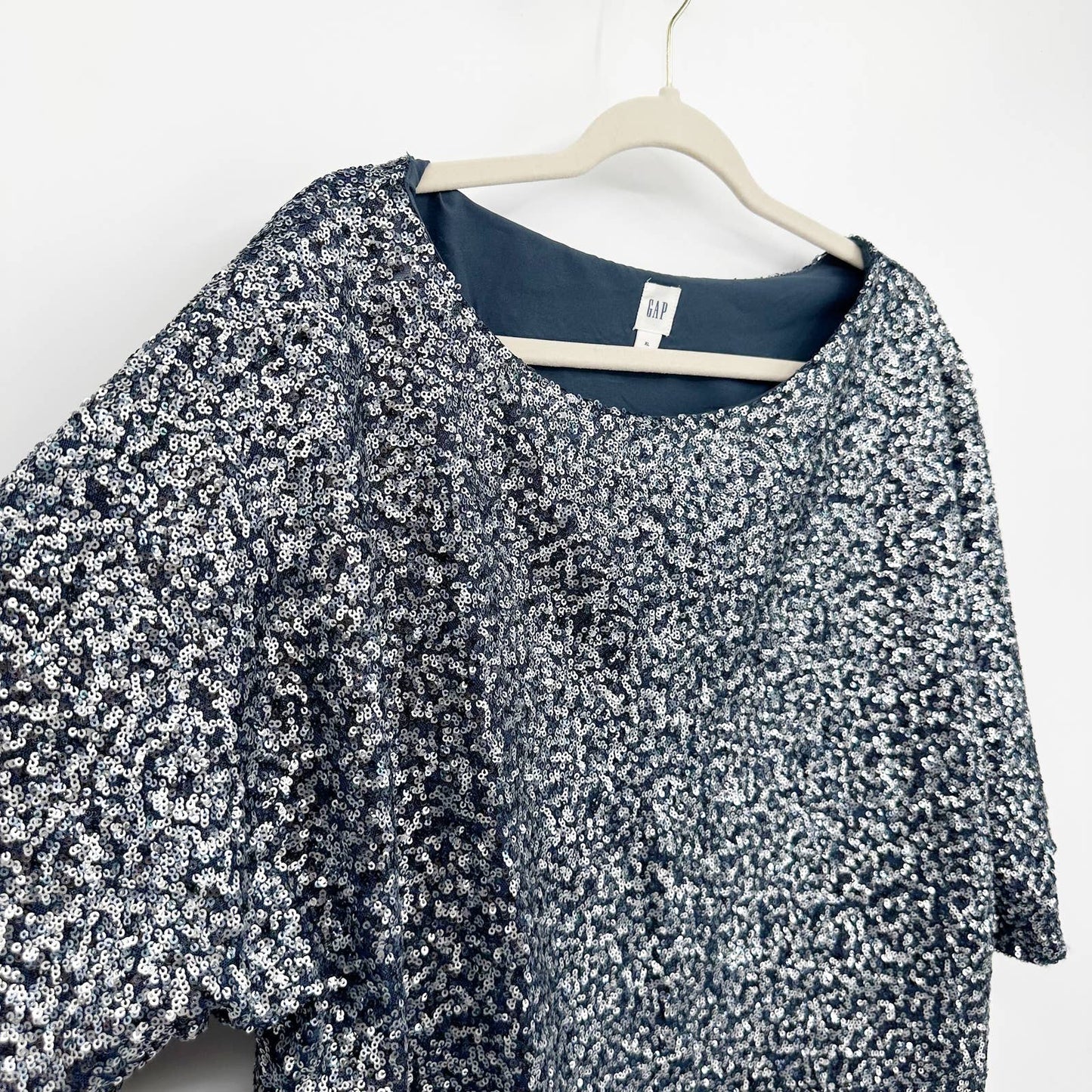 GAP Short Sleeve Kimono Sequin Top Blouse Blue Silver XL