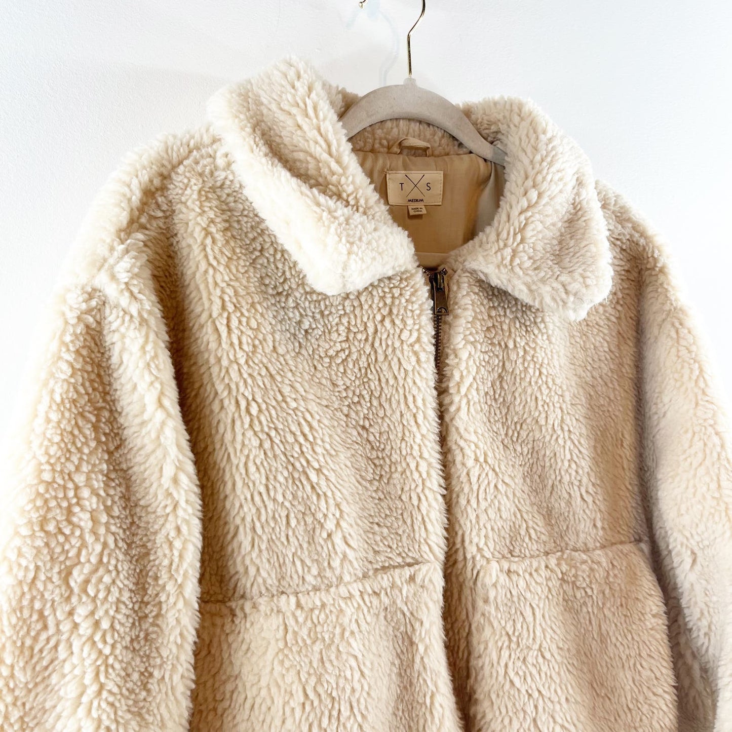 Thread & Supply Fleece Sherpa Full Zip Teddy Jacket Coat Taupe Cream Medium