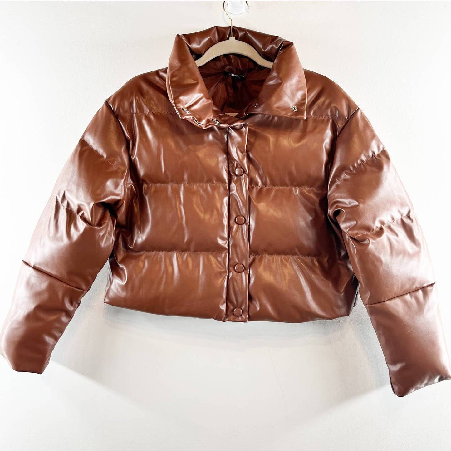 SHEIN Press PU Leather Button Front Cropped Winter Puffer Coat Coffee Brown XS
