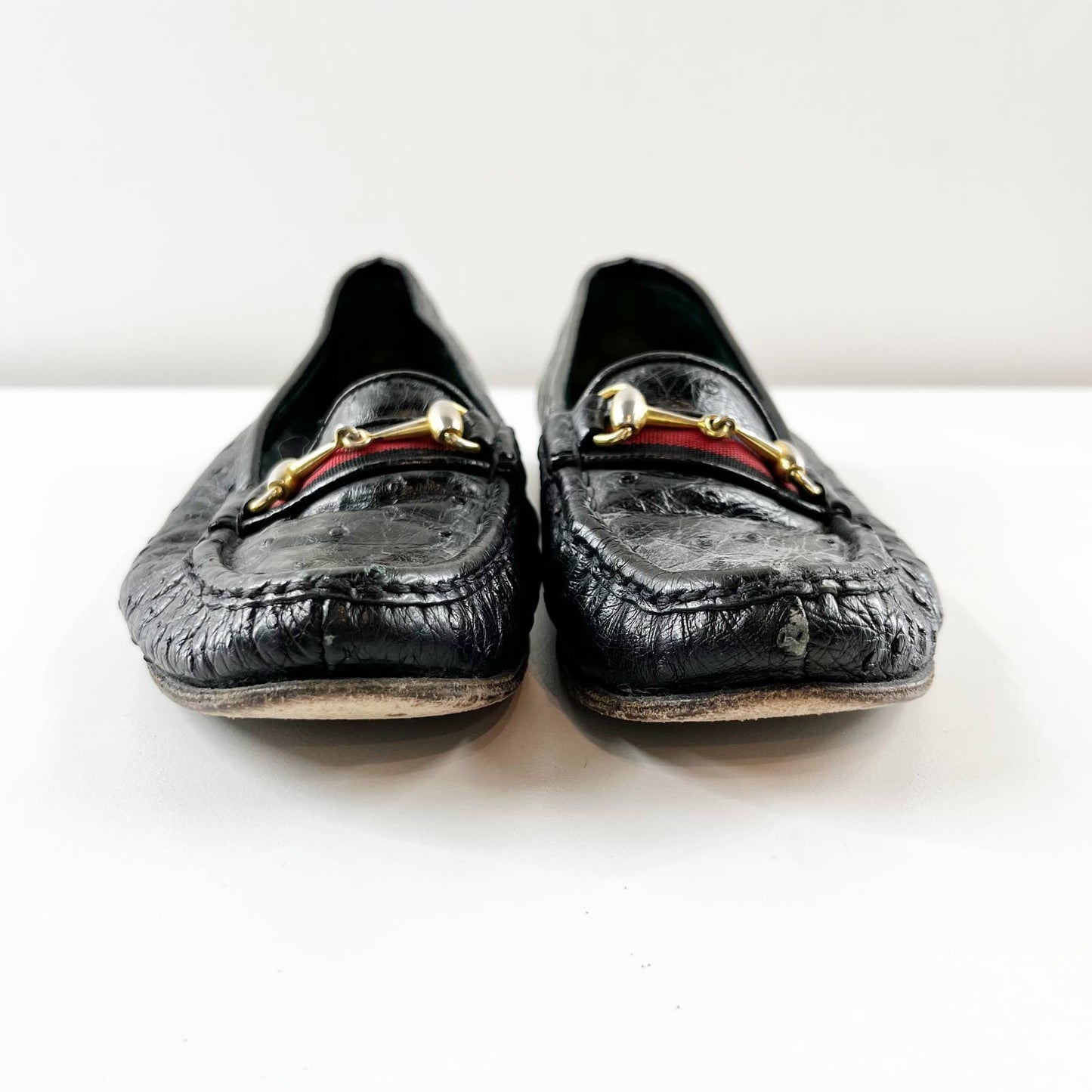 Gucci Vintage Horsebit Ostrich Leather Driving Loafers Flats Black 36 / 6