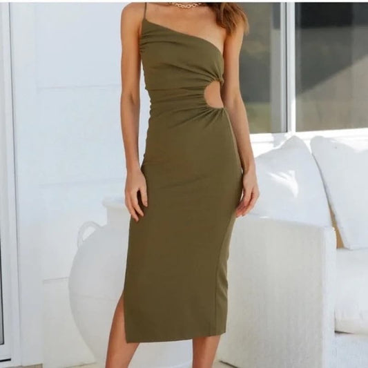 Hello Molly Smooth Lines One Shoulder Cut Out Midi Dress Olive Green Large