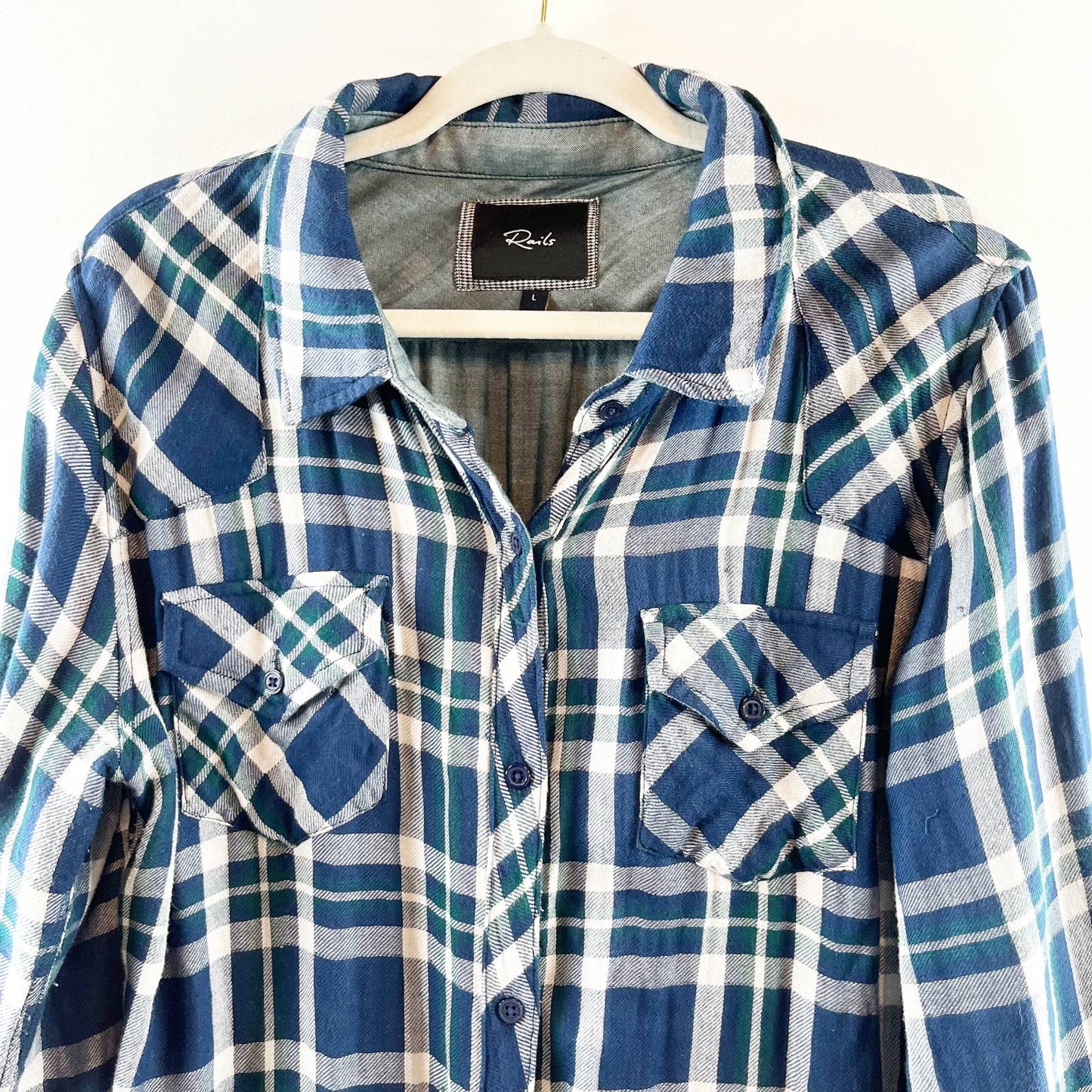 Rails Kendra Tencel Button Down Flannel Plaid Long Sleeve Shirt Navy Blue Large