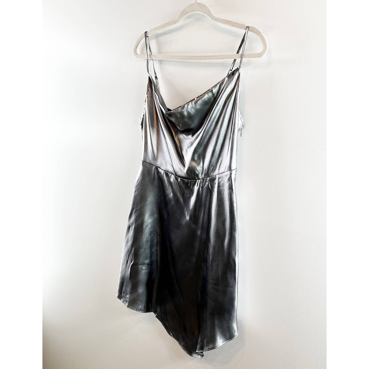 Urban Outfitters Mallory Metallic Asymmetrical Cowl Neck Slip Dress Silver M NWT