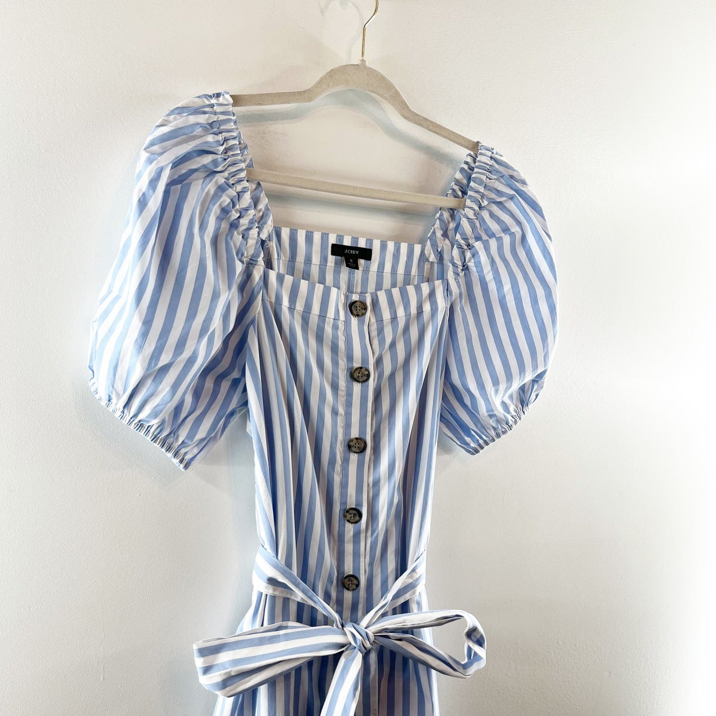 J. Crew Cottage Puff Sleeve Button Up Belted Midi Dress Striped Blue Small