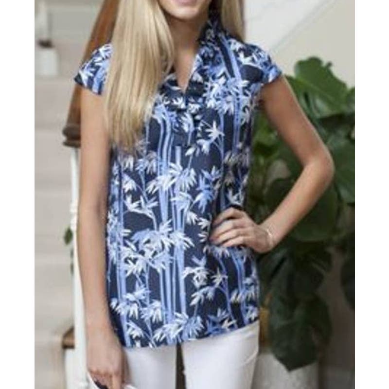 Debon Baer Ruffle Bamboo Cap Sleeve Short Sleeve Blouse Top Blue Medium