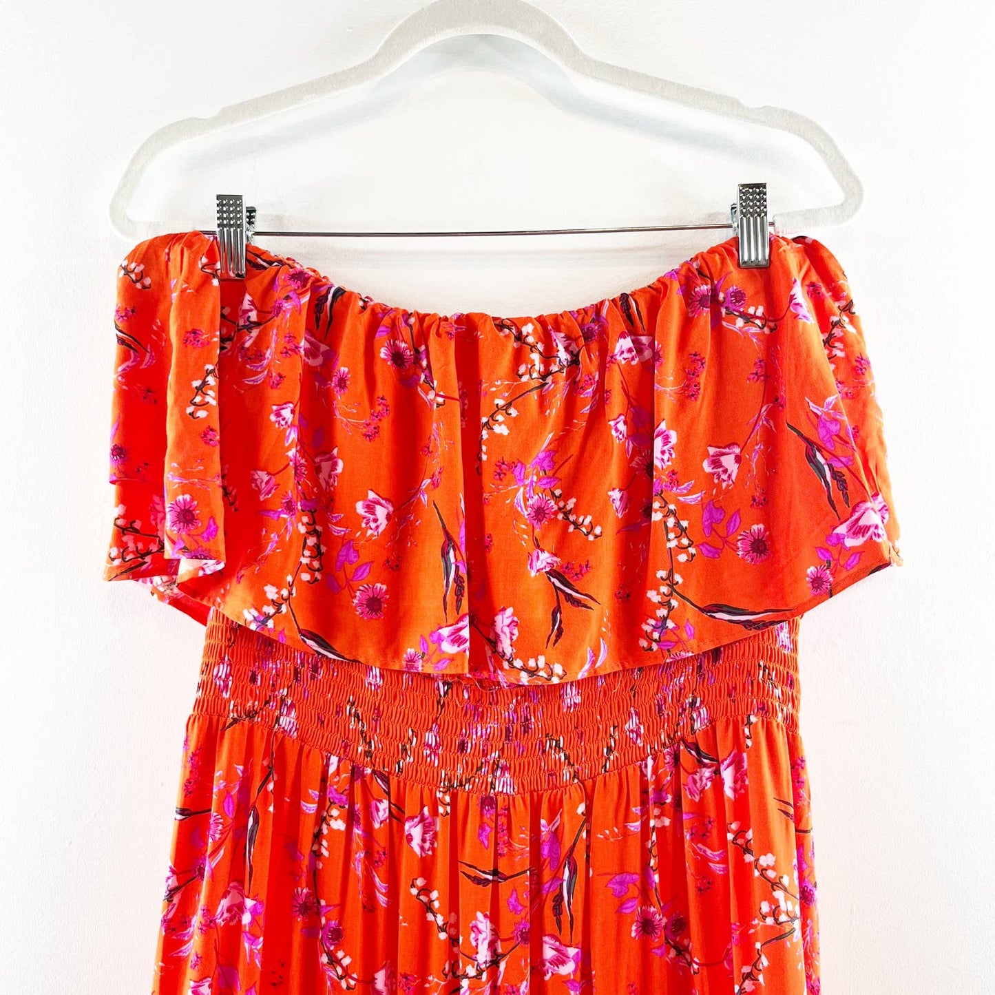 1. State Floral Strapless Ruffle Tiered Midi Dress Orange Red XL
