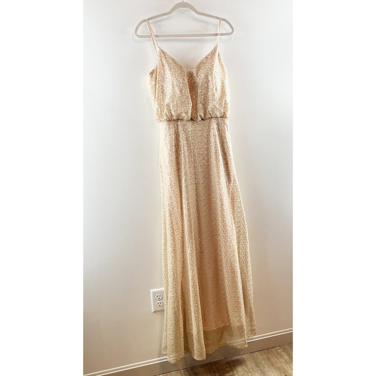 Kennedy Blue Sasha Sequin Adjustable Straps V-Neck Maxi Bridesmaid Dress Gold 8