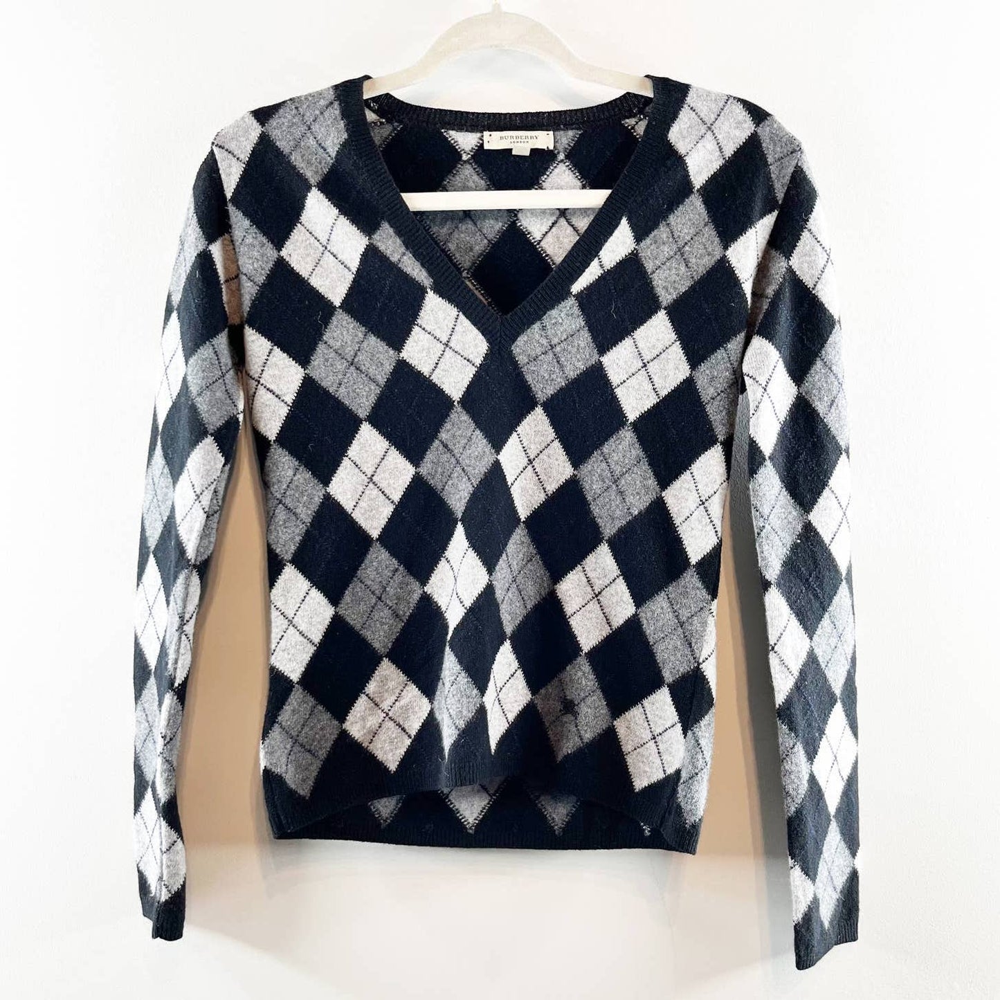 Vintage Burberry Merino Wool Long Sleeve Argyle Pullover Sweater Black White XS