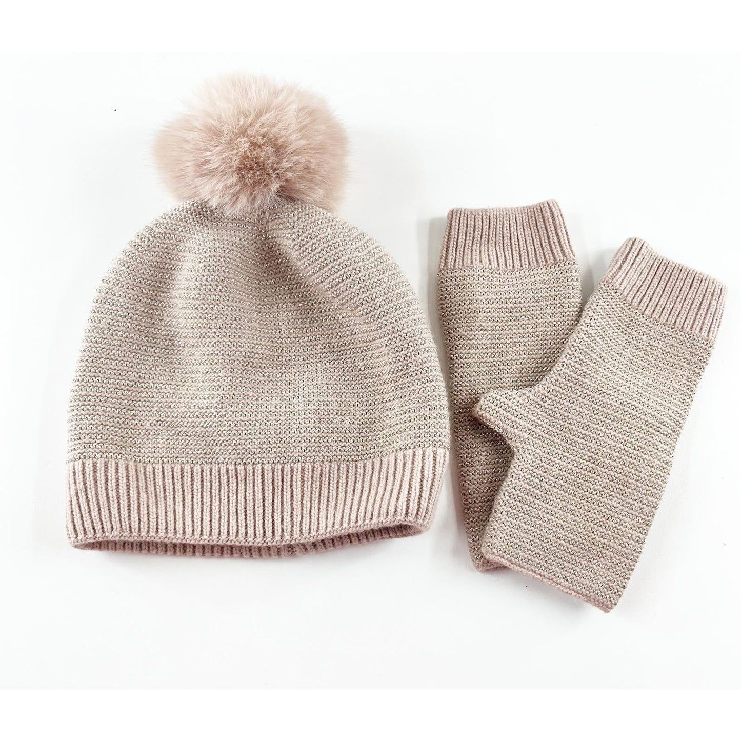 Chico's Pom Beanie Ribbed Knit Hat and Fingerless Mittens Set Pink