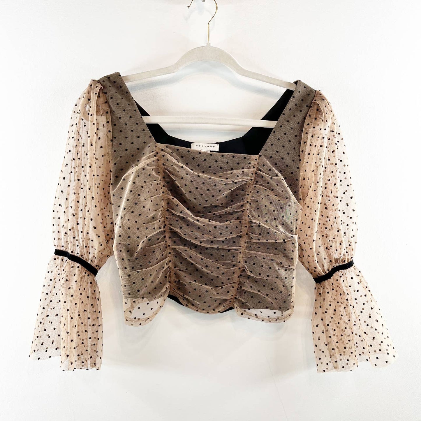 Topshop Polka Dot Puff Sheer Sleeve Square Neck Cropped Blouse Top in Beige 8