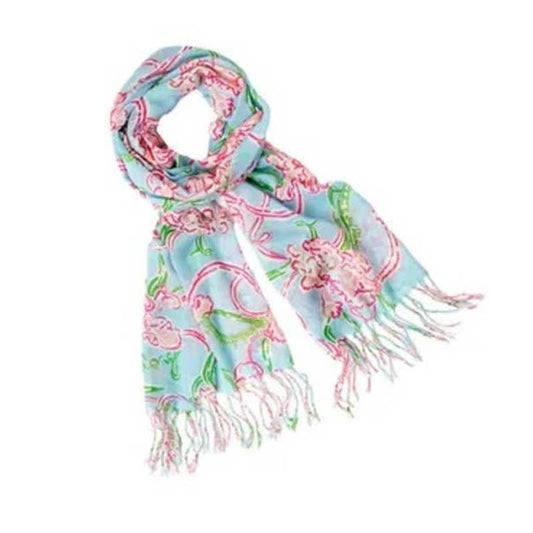 Lilly Pulitzer Fringe Silk Cashmere Tropical Printed Scarf Pink Green