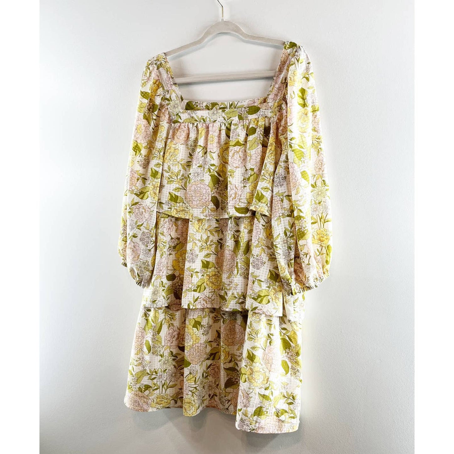 Who What Wear Floral Bishop Sleeve Square Neck Mini A-Line Dress Yellow XL