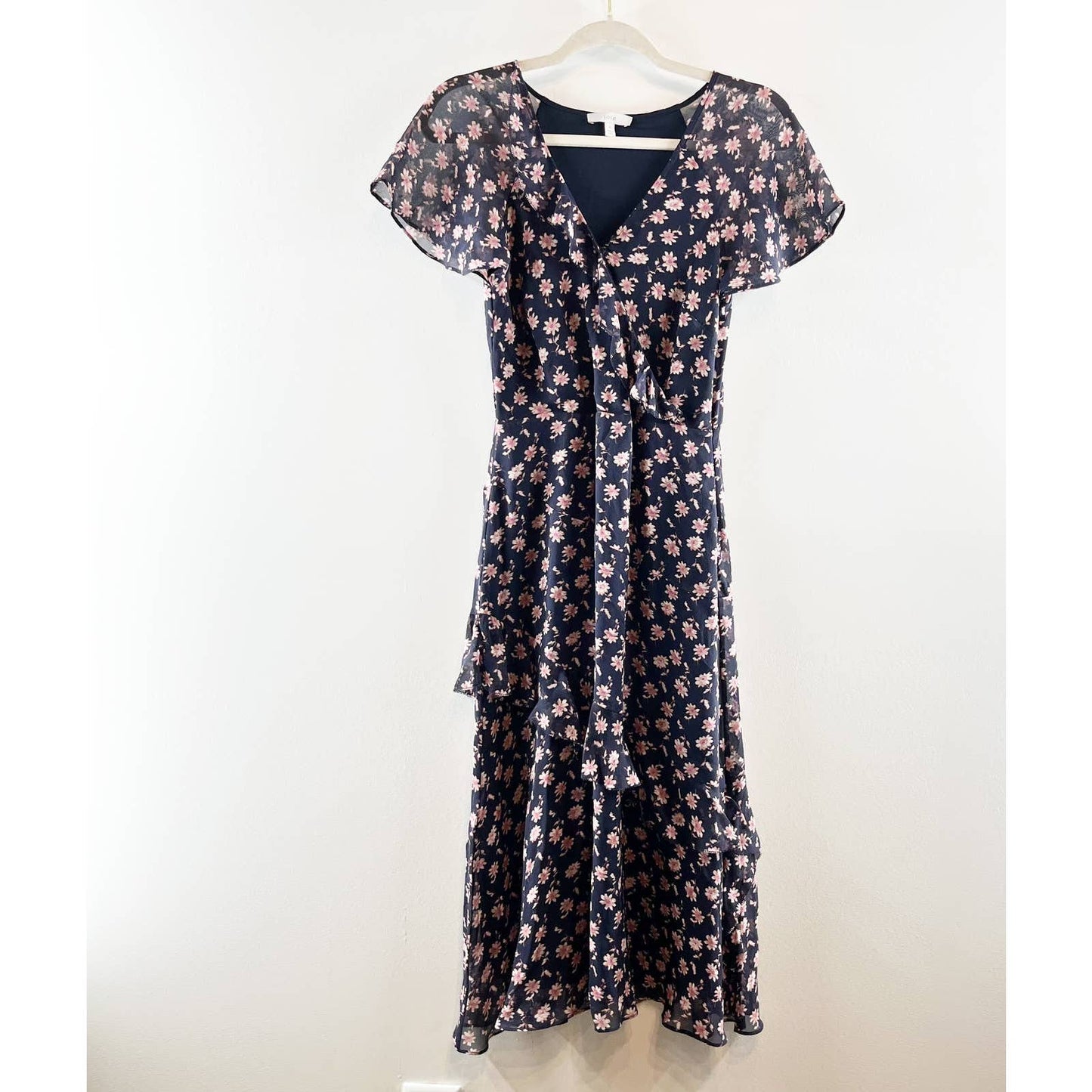 Joie Orita Silk Short Sleeve V Neck Floral Tiered Midi Dress Black 0