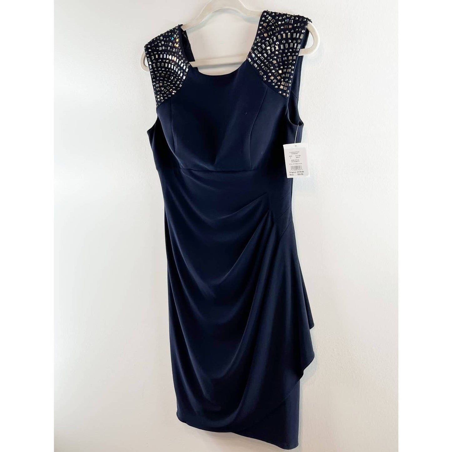 Xscape Cap Sleeve Dazzling Glass Beaded Shoulders Ruched Jersey Dress Navy 8
