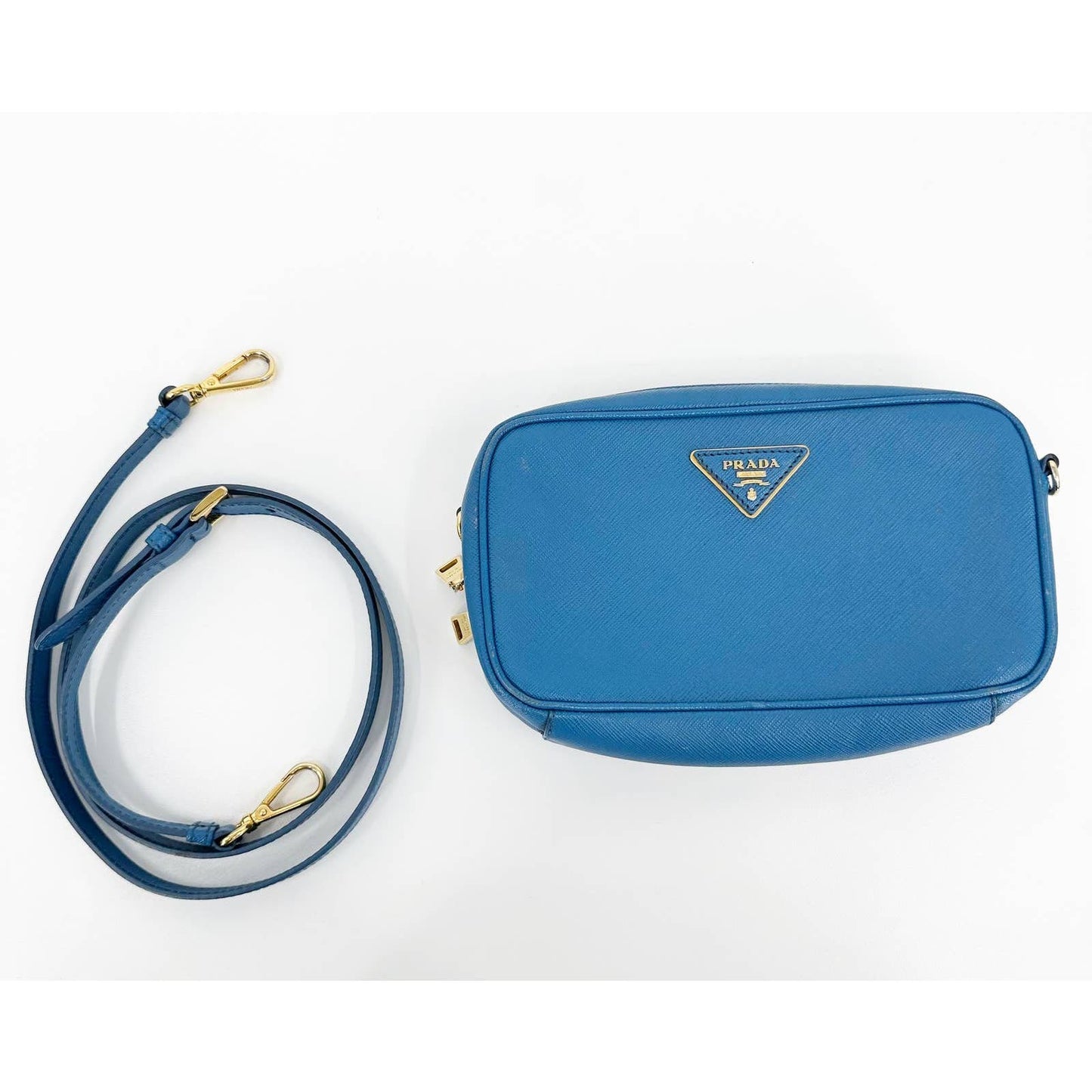 Prada Saffiano Pebbled Leather Small Camera Bag Crossbody Purse Blue