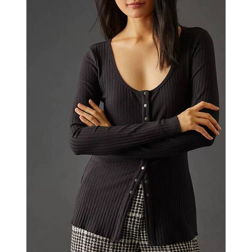 Anthropologie Scoop Neck Button Up Ribbed Cardigan Sweater Black 2X