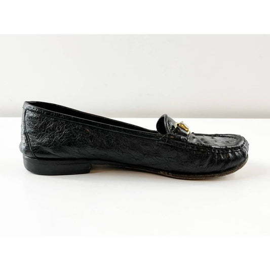 Gucci Vintage Horsebit Ostrich Leather Driving Loafers Flats Black 36 / 6