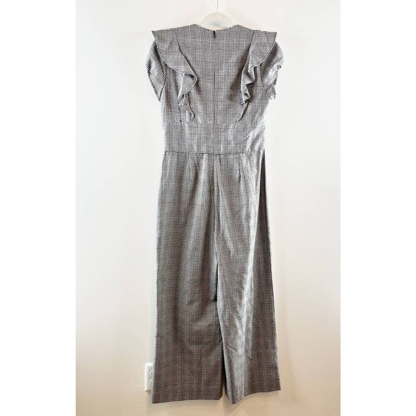 Current Air Bianca Glen Plaid Plunging V-Neck Ruffled Wide Leg Jumpsuit Gray S