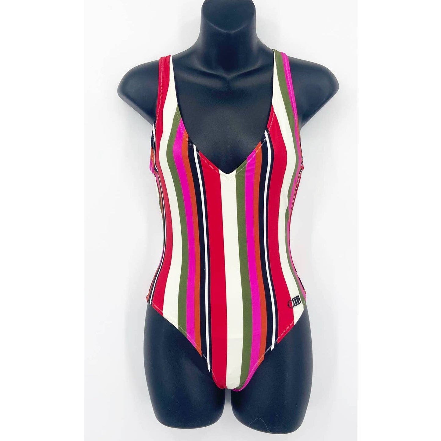 Solid & Striped V Neck Low Back Striped One Piece Swimsuit Pink Small