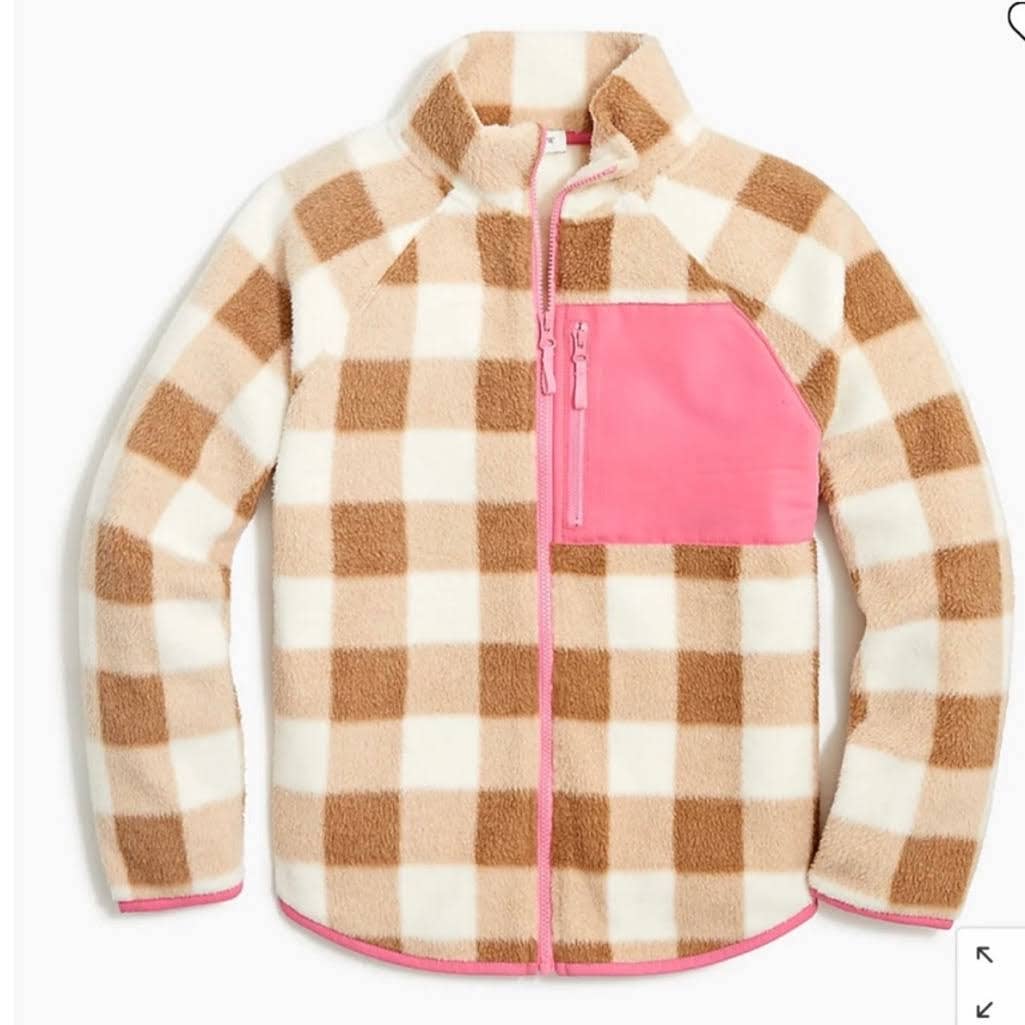 J. Crew Plaid Woven Sherpa Long Sleeve Mock Neck Zip-Up Jacket Brown/White XXL