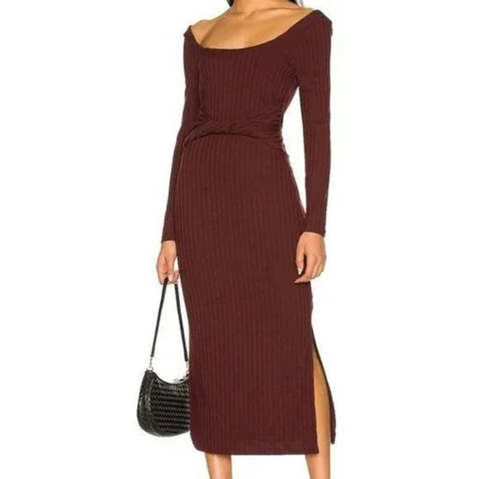 MINKPINK Nora Tie Waist Long Sleeve Midi Dress Burgundy Red Small