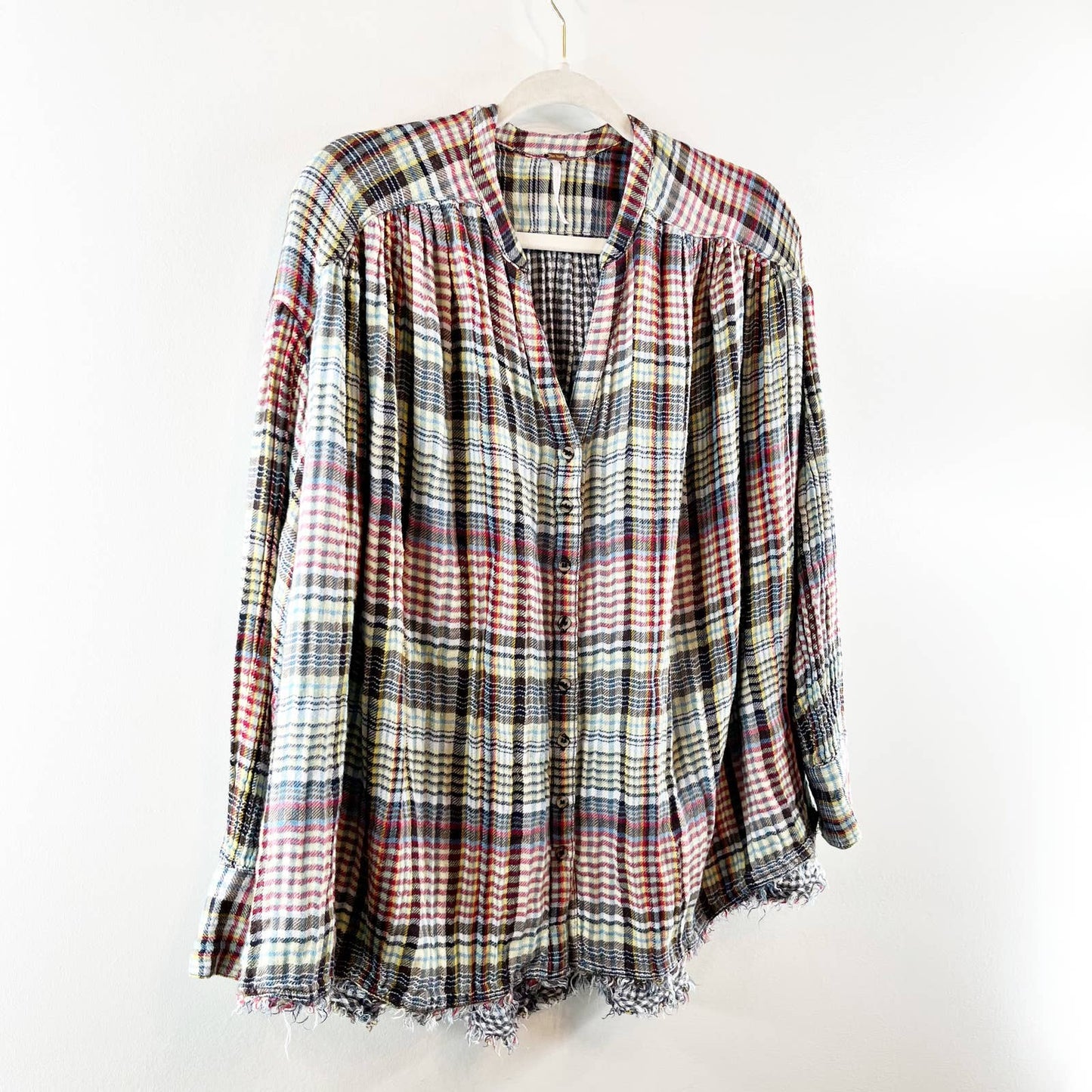 Free People Come On Over Plaid Oversized Flannel Top Shirt Pink Gray XS