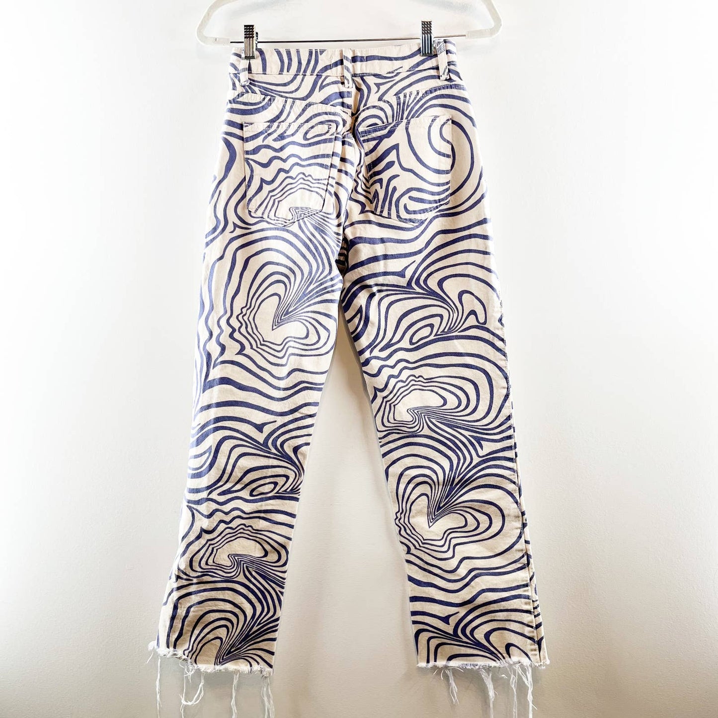 ZARA High Rise Cotton Straight Leg Swirl Print Groovy Jeans Blue White 2