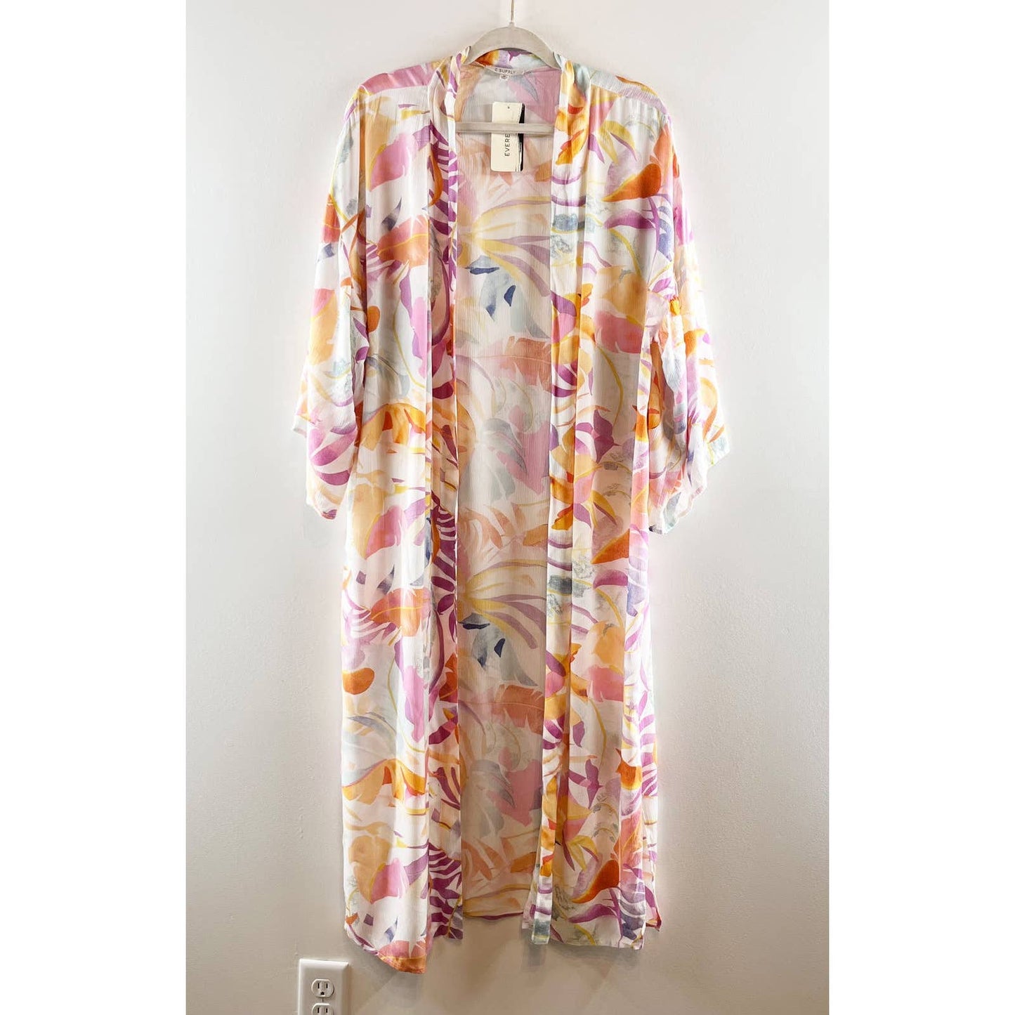 Z Supply Tropical Palm Print 3/4 Sleeve Open Front Maxi Wrap Top Whiteshell M