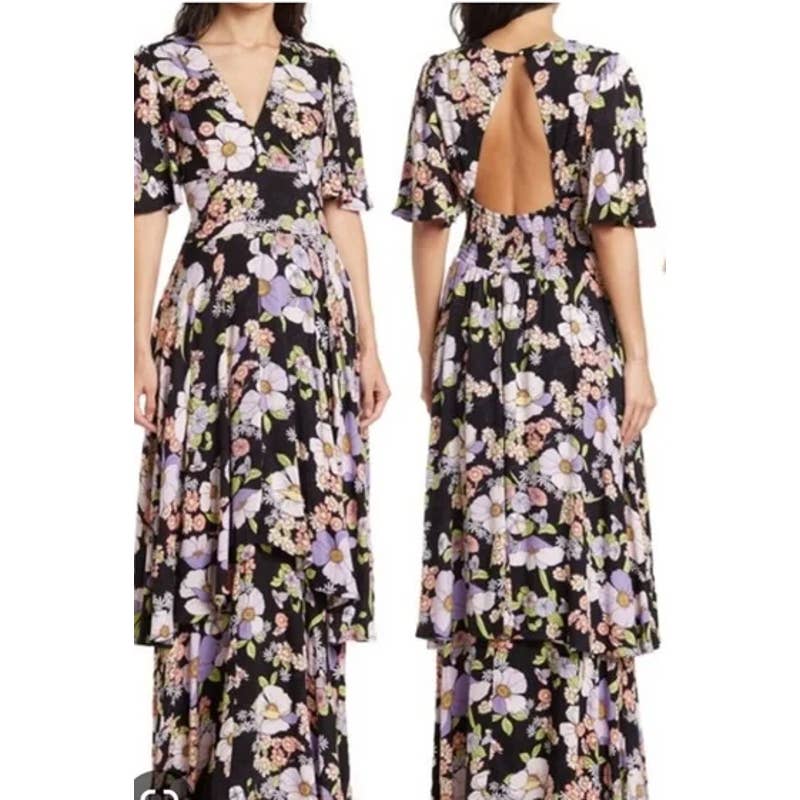 AFRM Michon Floral Open Back Short Sleeve Maxi Dress Noir Summer Bouquet 2X NWT