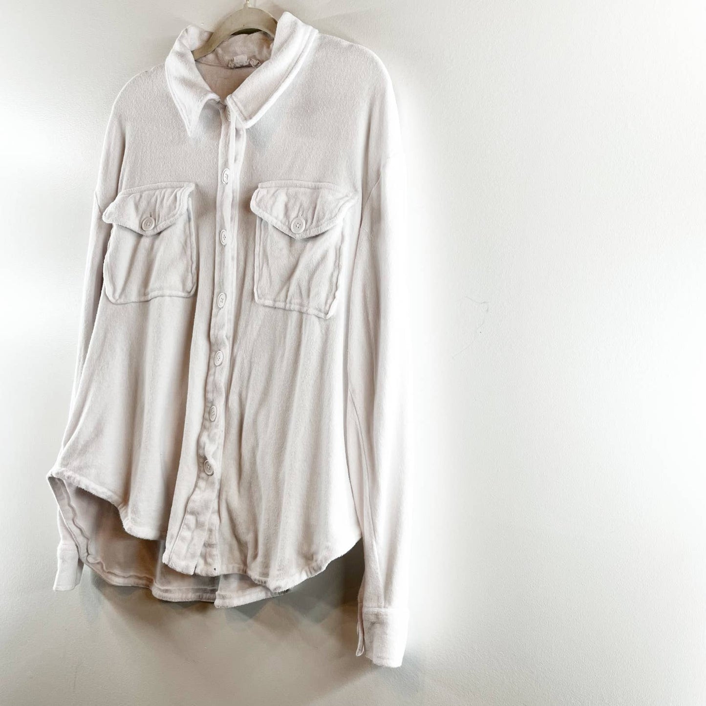 Good American Cotton Terry Long Sleeve Button Front Cover Up Shirt Jacket White