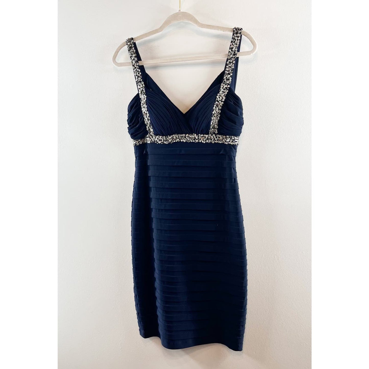 Betsy & Adam Embroidered Sequin Strap Cross Back Mini Bodycon Dress Navy Blue 8