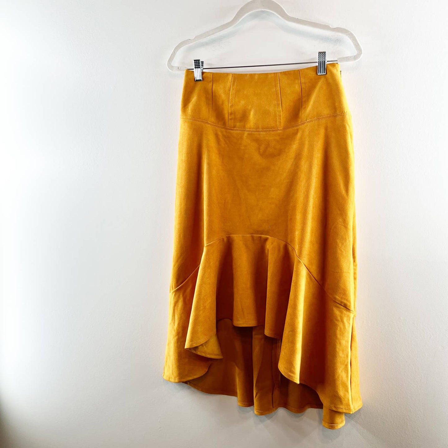 Maeve Cosima High Waisted Flounced Faux Suede Midi Skirt Mustard Yellow 4 Petite