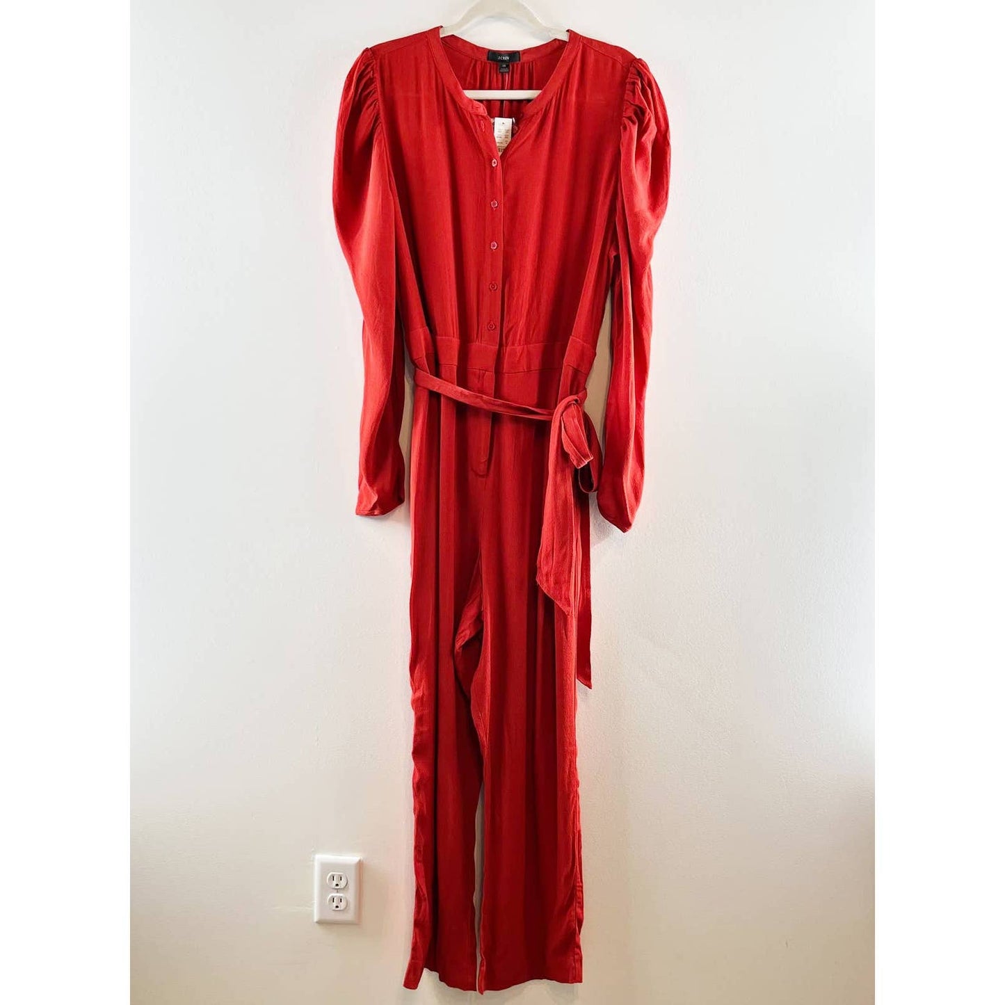 J. Crew Drapey Puff-Sleeve Tie Waist Button Front One Piece Jumpsuit Red 16 NWT