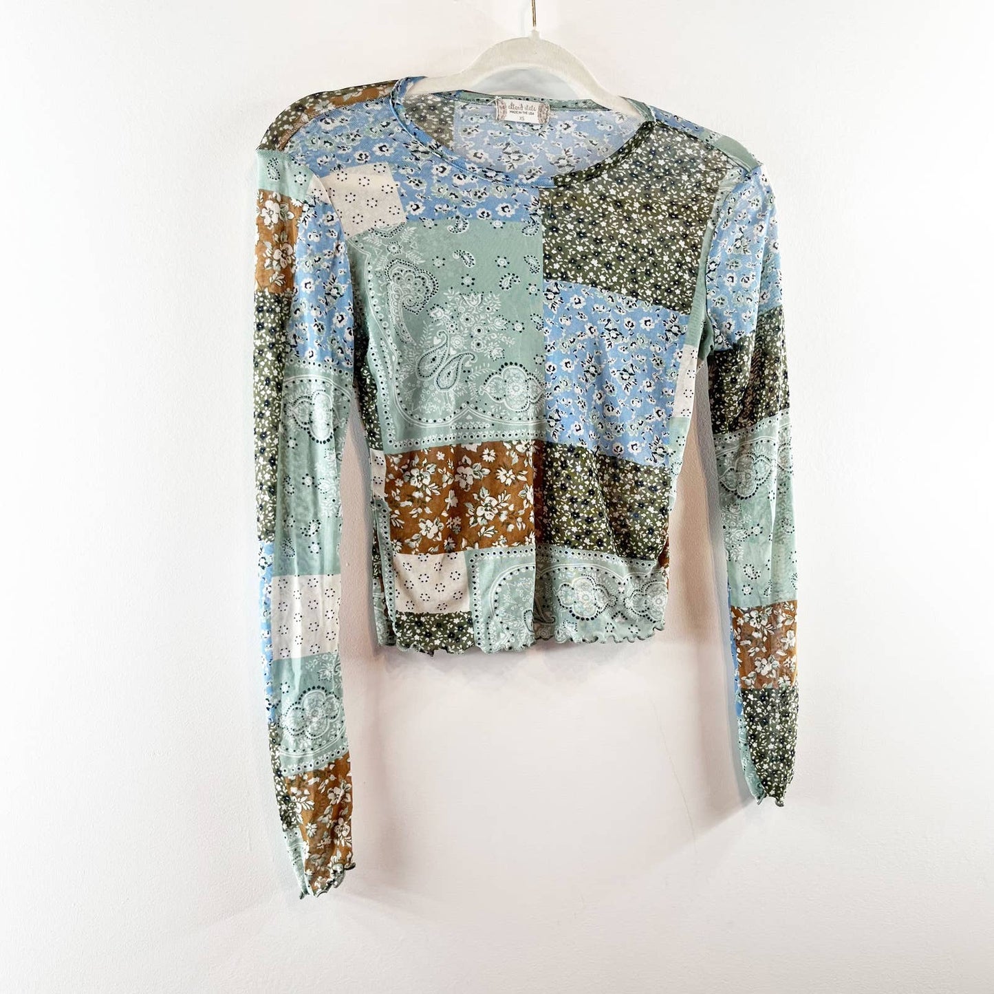 Altar'd State Patchwork Floral Long Sleeve Sheer Mesh Baby Tee Top Blue Green XS