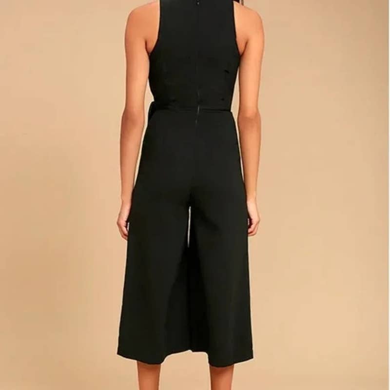 Lulus On Track Midi Wrap Front Cropped Wide Leg Jumpsuit Black Small