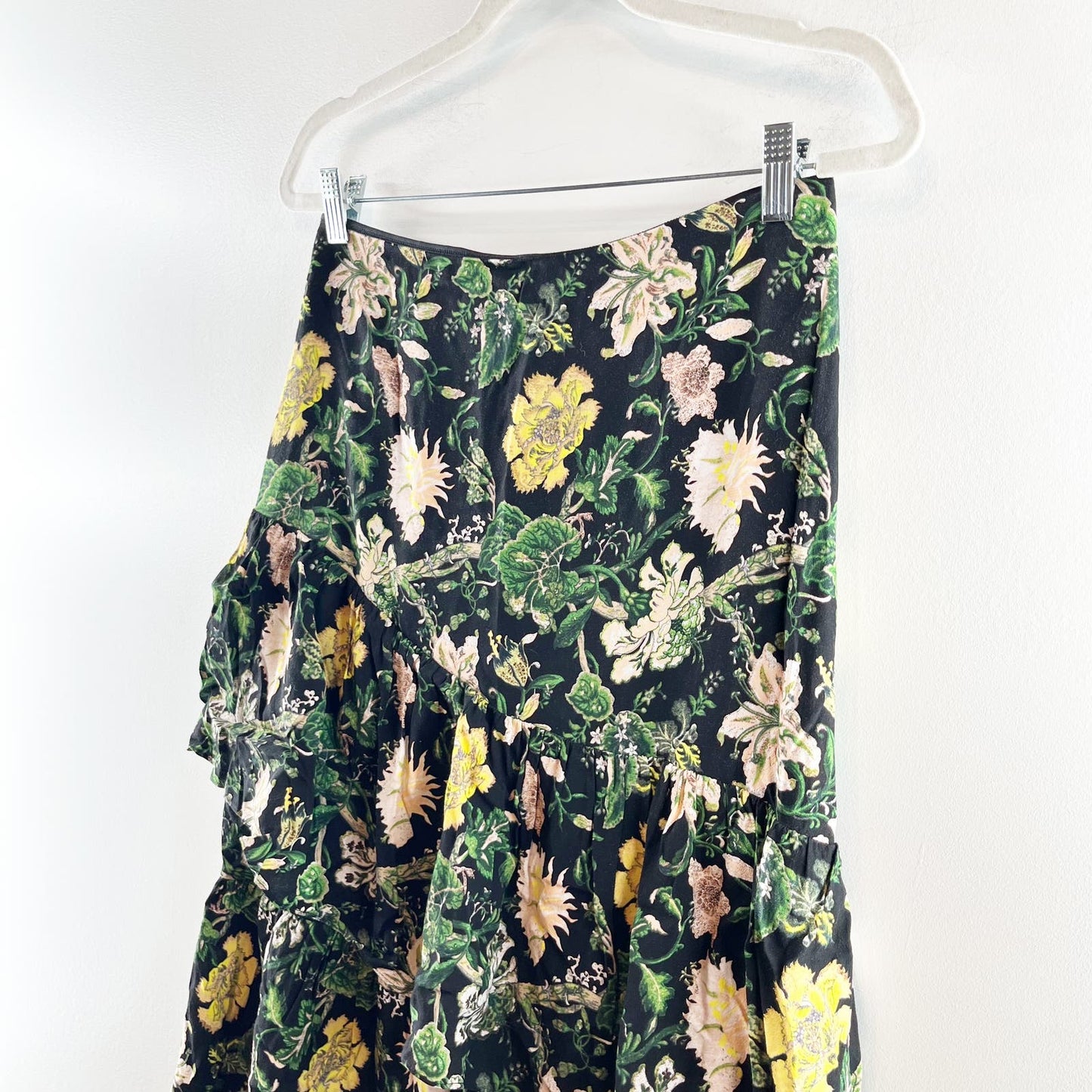 Club Monaco Floral Tiered Lined Midi Skirt Black Yellow Green 6