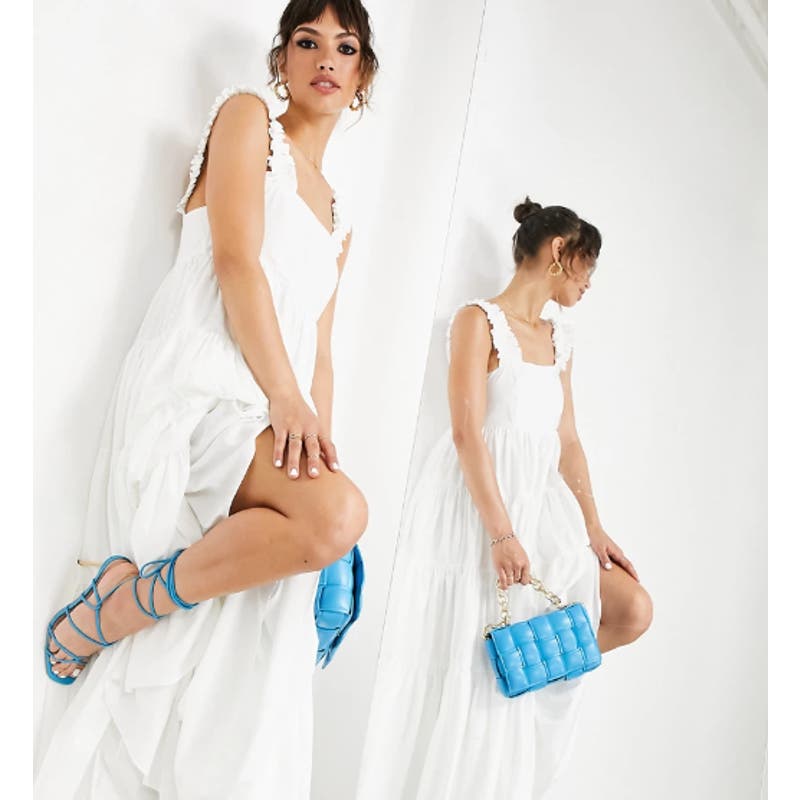 ASOS Sleeveless Ruffle Strap Tiered Sleeveless Trapeze Midi Dress White 10