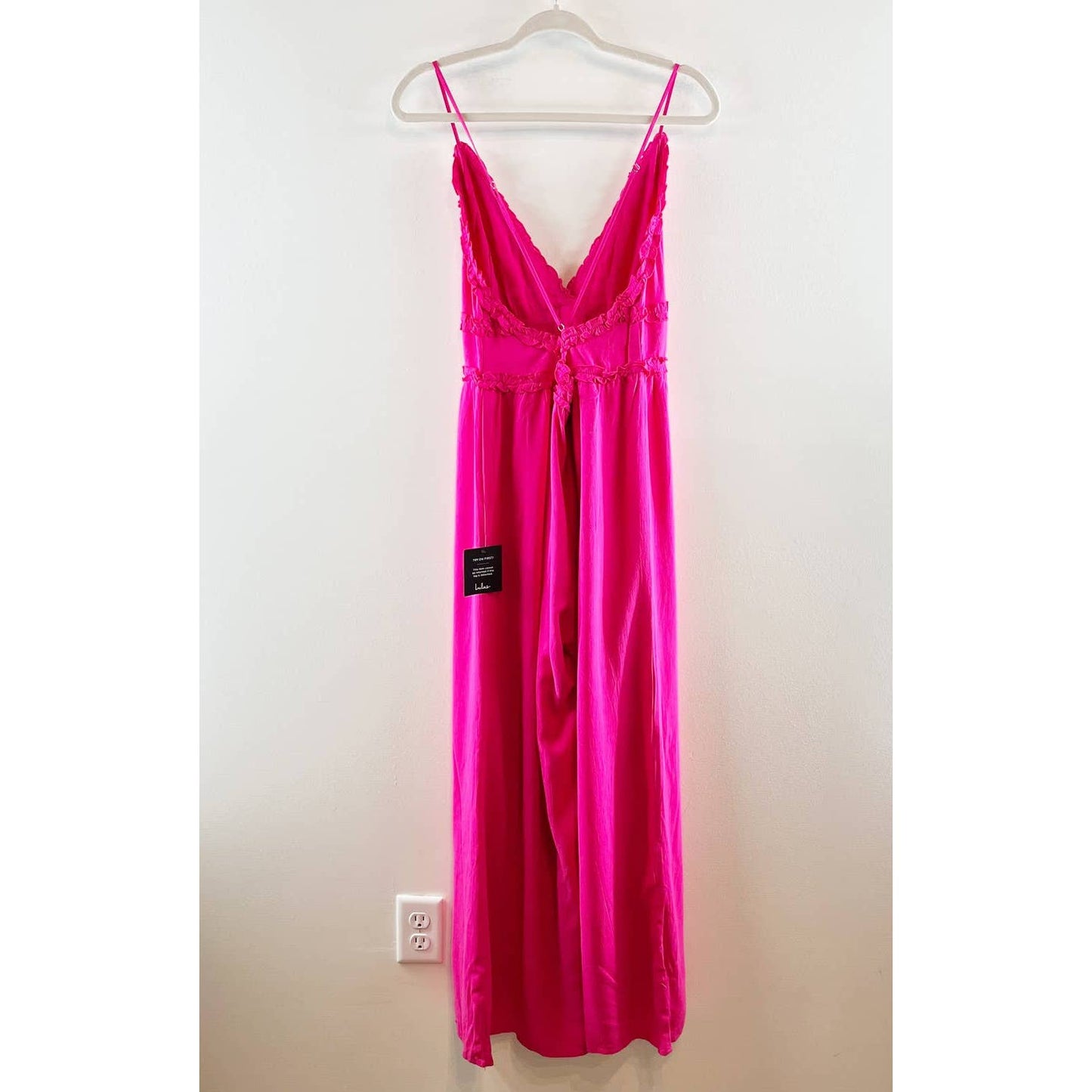 Lulus Jump to It Backless V-Neck Ruffled Wide-Leg Jumpsuit Bright Pink XL NWT