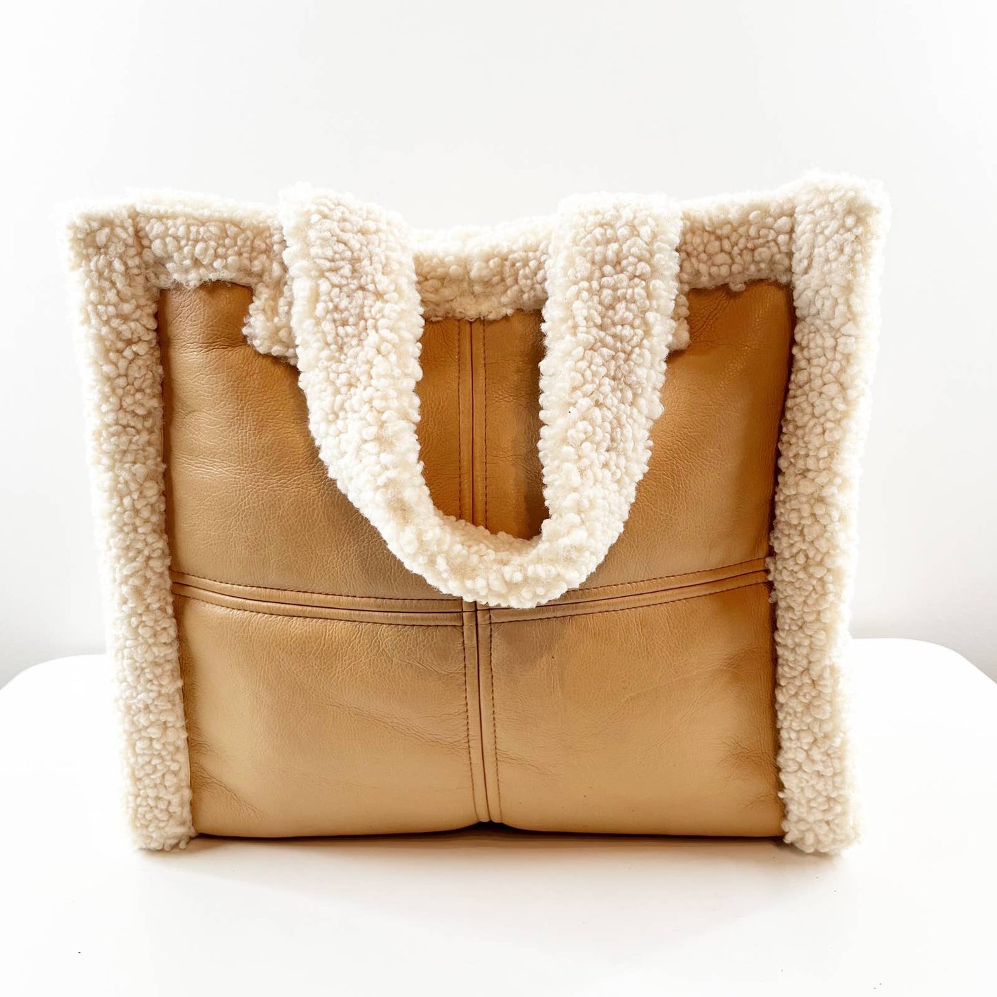 Stand Studio Lolita Faux Shearling Sherpa Tote Shopper Quilted Bag Beige Tan